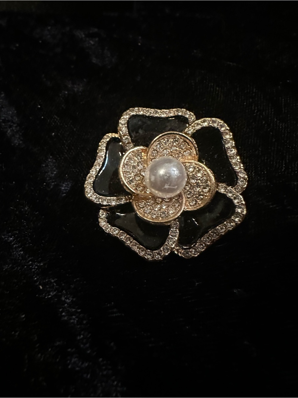 Gold-tone Black Enamel Flower Brooch with Pearl Center
